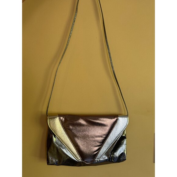 Vintage Gold Silver Bronze Metallic Envelope Crossbody Leather Clutch‎ Purse - Picture 2 of 12